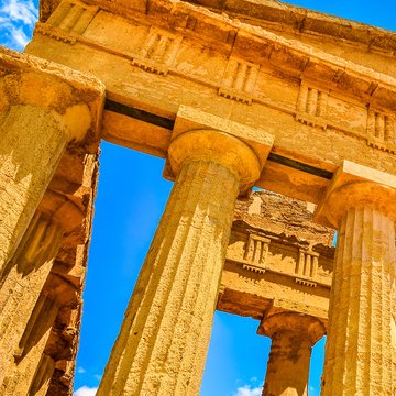 Temple of Concordia, front pillars, in Valley of the Temples, Sicily - Italy